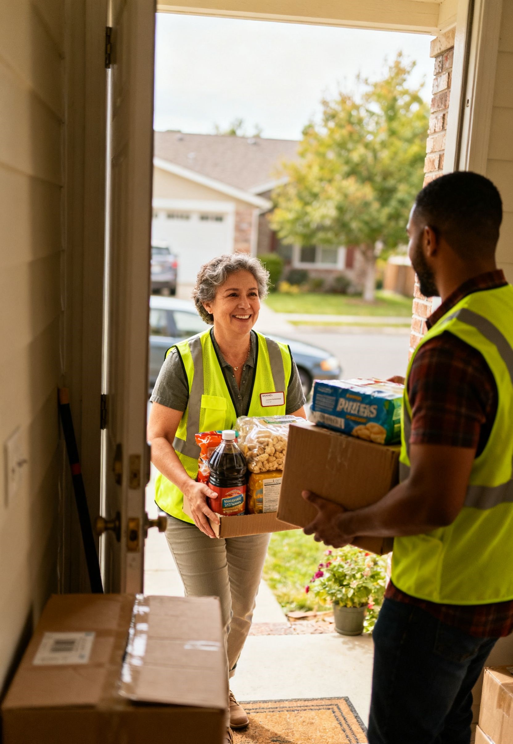 Local outreach volunteers delivering essential supplies to households